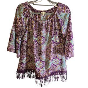 C WONDER PURPLE PRINT MEDIUM TOP FLOUNCE 3/4 SLEEVE FRINGE HEM ELASTIC COLLAR